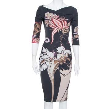 Pre Owned Roberto Cavalli Black Floral Printed Knit Bodycon Dress S