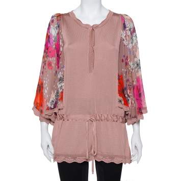 Pre Owned Roberto Cavalli Blush Pink Wool Floral Print Sleeve Detail Drop Waist Tunic S 