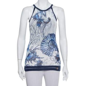 Pre Owned Roberto Cavalli Navy Blue & White Printed Knit Sleeveless Top S
