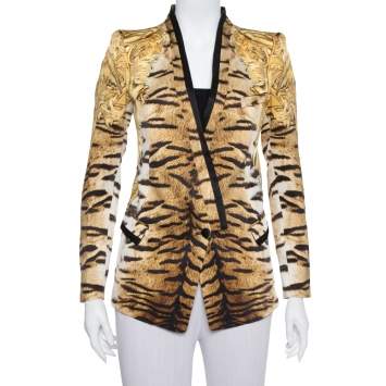 Pre Owned Roberto Cavalli Beige Animal Print Silk Tailored Blazer S