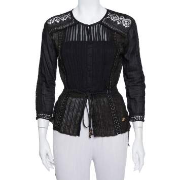 Pre Owned Roberto Cavalli Black Lurex Knit Pintuck Detail Sheer Top M