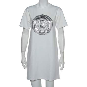 مملوكة مسبقًا Roberto Cavalli White Firenze Printed T-Shirt Dress M