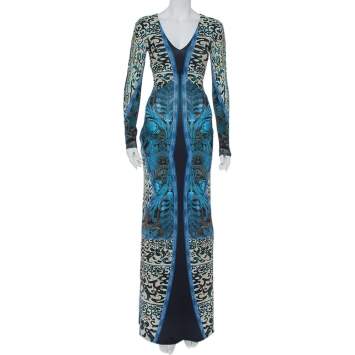 Pre Owned Roberto Cavalli Multicolor Printed Jersey V-Neck Long Dress S
