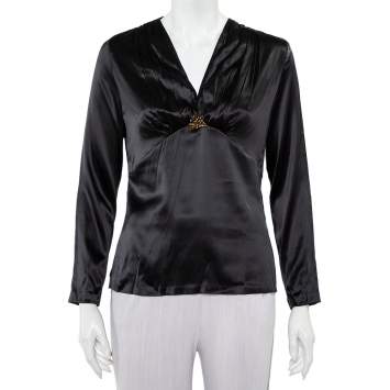 Pre Owned Roberto Cavalli Black Satin Ruche Detail Long Sleeve Top L
