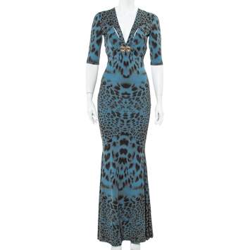 مملوكة مسبقًا Roberto Cavalli Teal Blue Animal Printed Knit Plunge Neck Maxi Dress S