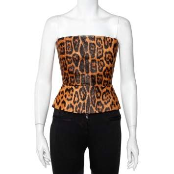 Pre Owned Roberto Cavalli Brown Animal Print Fur & Leather Trim Strapless Corset Top S