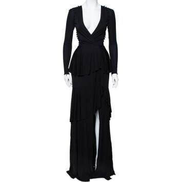 Pre Owned Roberto Cavalli Black Knit Ruffled Maxi Wrap Dress S