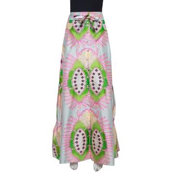 Pre Owned Roberto Cavalli Multicolor Abstract Printed Silk Ruffled Maxi Skirt M