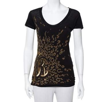 Pre Owned Roberto Cavalli Black Bead & Sequin Embellished Knit Scoop Neck Top S
