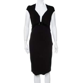 Pre Owned Roberto Cavalli Black Knit Embellished Waist Detail Plunge Neck Sheath Dress M