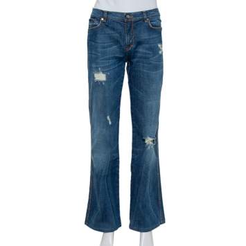Pre Owned Roberto Cavalli Navy Blue Denim Distressed Wide Leg Jeans L