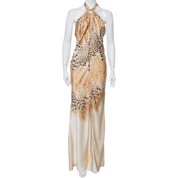 مملوكة مسبقًا Roberto Cavalli Beige Animal Printed Silk Satin Halter Neck Maxi Dress M