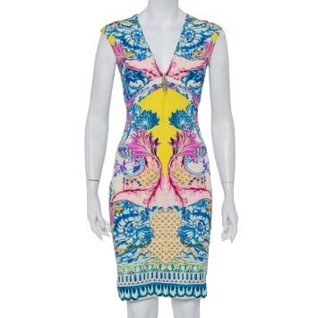 Pre Owned Roberto Cavalli Multicolor Knit Draped V-Neck Sheath Dress S