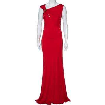 Pre Owned Roberto Cavalli Red Knit Shoulder Brooch Detail Sleeveless Maxi Dress L