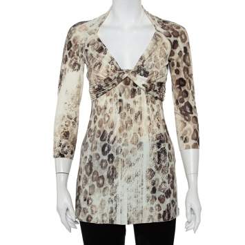 Pre Owned Roberto Cavalli Cream Animal Printed Knit Drape Detail Tunic M