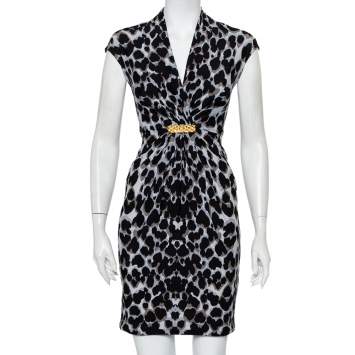 Pre Owned Roberto Cavalli Black & Grey Animal Printed Draped Waist Detail Mini Dress S