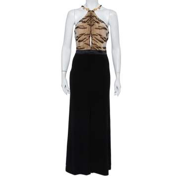 Pre Owned Roberto Cavalli Black Knit Animal Printed Trim Detail Halter Neck Maxi Dress L  