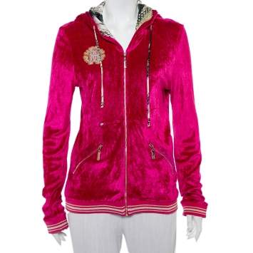 Pre Owned Roberto Cavalli Pink Velour Hooded Zip Front Jacket L