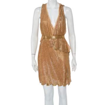 Pre Owned Roberto Cavalli Gold Bead Embellished Silk Overlay Belted Detail Mini Dress S 
