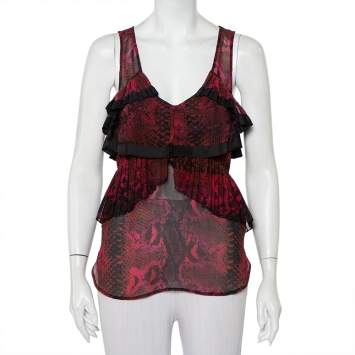 Pre Owned Roberto Cavalli Multicolor Snakeskin Printed Silk Pleated Detail Sleeveless Top S