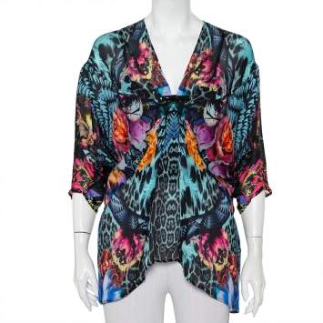 Pre Owned Roberto Cavalli Multicolor Printed Silk Pleated Detail Kaftan Top (One Size)