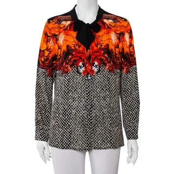 Pre Owned Roberto Cavalli Monochrome Contrast Floral Printed Silk Neck Tie Detail Button Front Top L