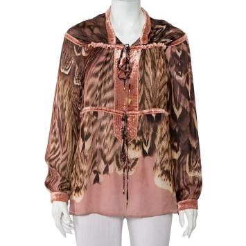 Pre Owned Roberto Cavalli Multicolor Animal Printed Silk Velvet Trim Sheer Blouse L