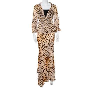 Pre Owned Roberto Cavalli Beige Animal Printed Silk Sheer Shirt & Asymmetric Hem Maxi Skirt S