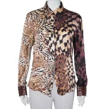 Pre Owned Roberto Cavalli Brown Animal Printed Silk Leather Trim Button Front Shirt XL 