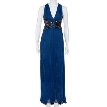Pre Owned Roberto Cavalli Navy Blue Silk Sequin Embellished Open Back Evening Gown M