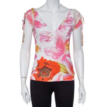 Pre Owned Roberto Cavalli Vintage Pink Floral Printed Knit V-Neck Top L