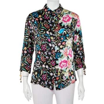 Pre Owned Roberto Cavalli Black Floral Printed Silk Satin Button Front Shirt XL