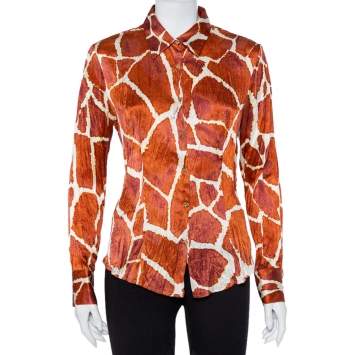 Pre Owned Roberto Cavalli Brown Printed Silk Button Front Shirt M