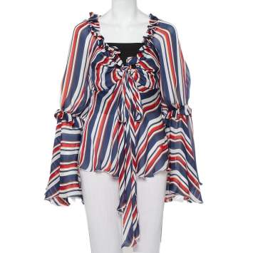 Pre Owned Roberto Cavalli Multicolor Striped Silk Ruffled Neck Detail Blouse M