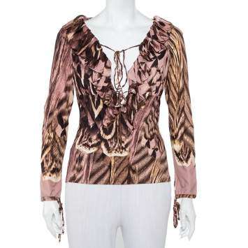 Pre Owned Roberto Cavalli Multicolor Printed Knit Ruffled Neck Detail Top M