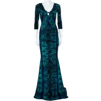 Pre Owned Roberto Cavalli Blue Snakeskin Printed Jersey Maxi Dress M