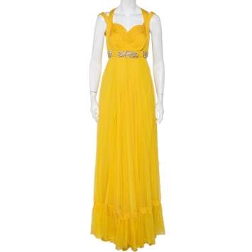 Pre Owned Roberto Cavalli Yellow Pleated Silk Embellished Waist Detail Gown M