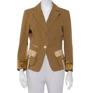 Pre Owned Roberto Cavalli Brown Denim Leather Trim Button Front Blazer L
