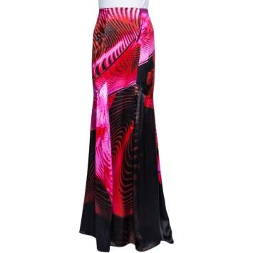 Pre Owned Roberto Cavalli Multicolor Printed Silk Satin Paneled Maxi Skirt L 