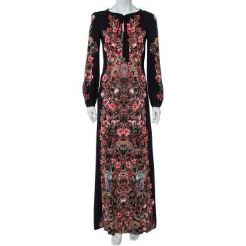 Pre Owned Roberto Cavalli Black Forest Printed Crepe Maxi Dress S