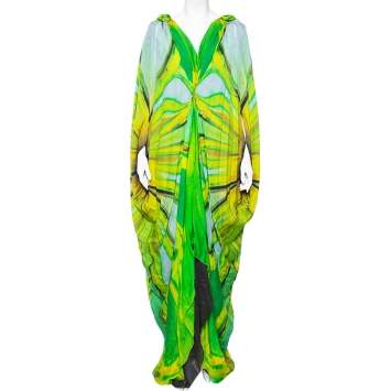 مملوكة مسبقًا Roberto Cavalli Green Printed Silk Draped Kaftan Maxi Dress M