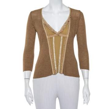 Pre Owned Roberto Cavalli Camel Brown Wool V-Neck Paneled Long Sleeve Top M