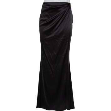 Pre Owned Roberto Cavalli Black Silk Satin Faux Wrap Maxi Skirt M
