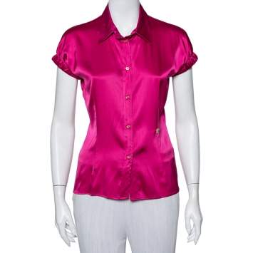 Pre Owned Roberto Cavalli Pink Silk Satin Button Front Short Sleeve Shirt M