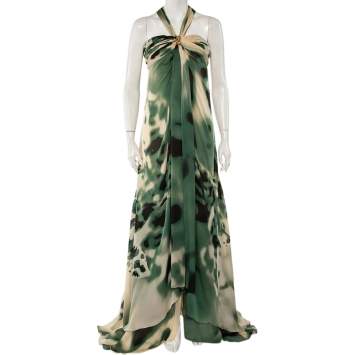 Pre Owned Roberto Cavalli Green & Cream Silk Bustier Detail Halterneck Gown M