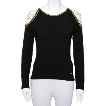 Pre Owned Roberto Cavalli Black Wool Chain Detail Cold Shoulder Top L