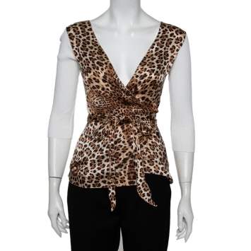 Pre Owned Roberto Cavalli White Rib Knit & Animal Printed Satin Paneled Wrap Top L