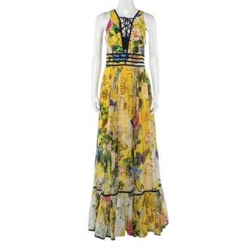 Pre Owned Roberto Cavalli Yellow Floral Printed Silk Lace Up Detail Sleeveless Maxi Dress S