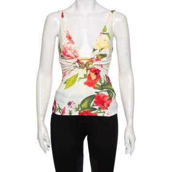 Pre Owned Roberto Cavalli Cream Floral Printed Knit Plunge Neck Camisole M