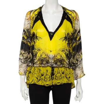 Pre Owned Roberto Cavalli Yellow Printed Silk Sequin Detail Oversized Tunic S